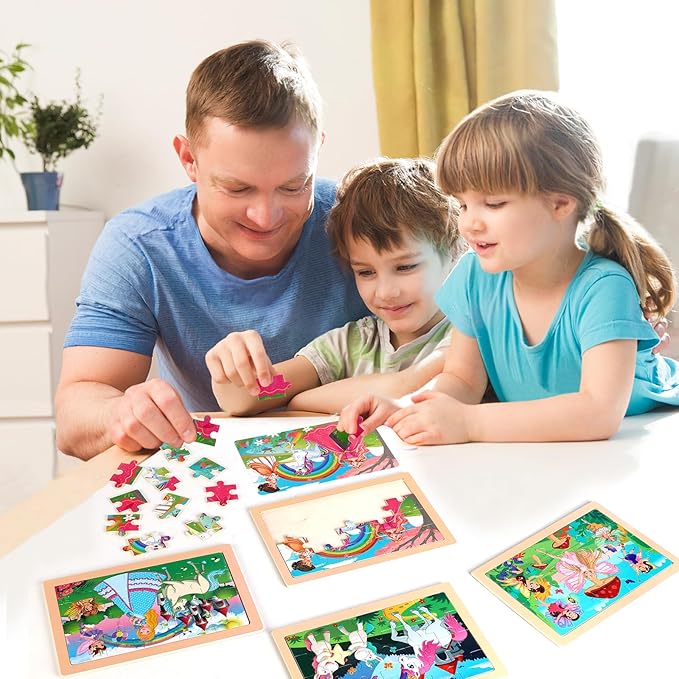 Wooden Educational Jigsaw Puzzles for Preschool Kids Ages 3-5, 4-Pack with 20 Pieces Unicorn Princess Wood Puzzles Set, Toddler Brain Teaser Toys, Preschool Gifts for Boys Girls Ages 3 4 5 6