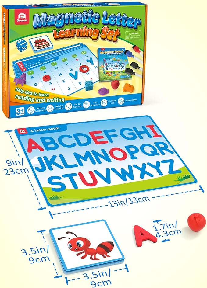 Coogam Preschool Alphabet Learning Activities, Magnetic EVA Letters Matching & Handwriting Game, Educational ABC Recognition with 6 Pattern Cards, Phonic Manipulatives Toys for Kids Age 3+
