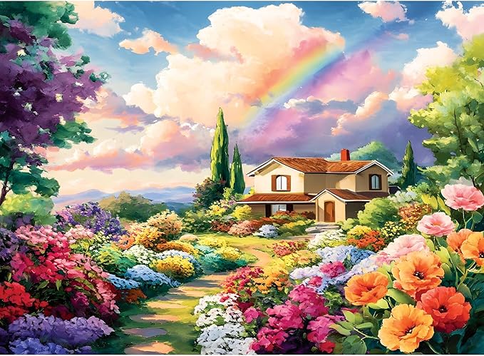 500 Piece Puzzles for Adults, Rainbow Floral Garden 500 Piece Puzzle, Colorful Cottage Jigsaw Puzzle, Perfect for Family Game Night, Home Wall Decor, Ideal Gift for Adults, Kids, Seniors, 20.5 x 15 in