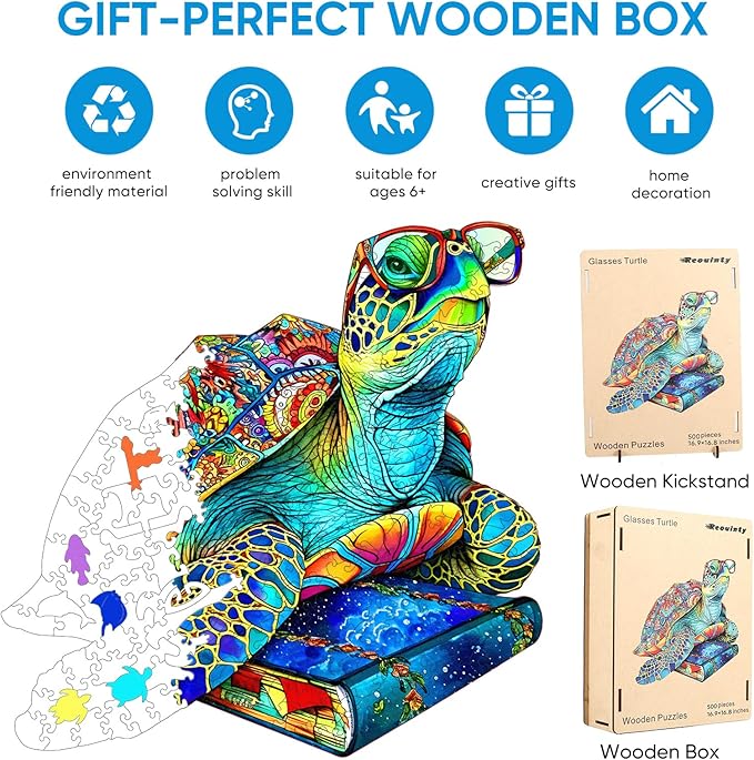 Wooden Puzzles for Adults 500 Pieces, Glasses Sea Turtle Deep Blue Jigsaw Puzzles, Unique Shape Animal Adult Puzzles, Irregular Wood Puzzles Best Gift for Adults Family Game(16.9 * 16.8 in)