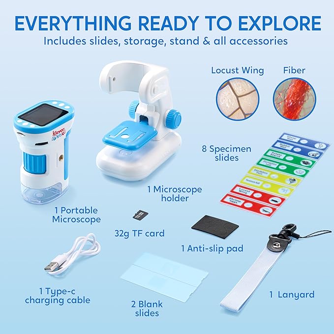 Klever Kits 2 in 1 Handheld Microscope for Kids, 1000X HD Digital Kids Microscope with 2.0'' LED Screen, Portable Pocket Handheld with Slides, 32G Card, Edu Gifts Toys for Ages 5-12