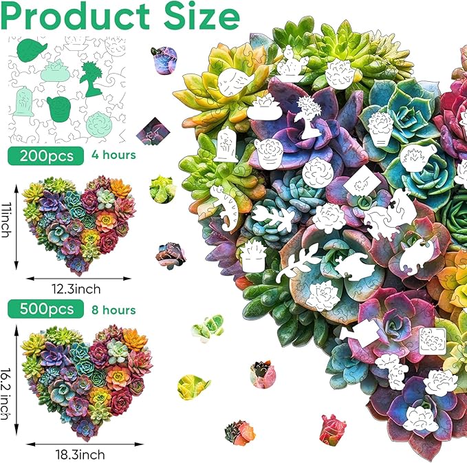Ruikiyart Wooden Puzzles for Adults, 5MM 500 Pieces Succulent Heart Wooden Jigsaw Puzzles, Plant Unique Shaped Puzzle Gifts for Adults and Kids on Thanksgiving, Family Puzzle Games(18.3"*16.2")