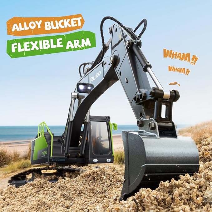 Ruko 1661 Remote Control Excavator Toys for Boys, 2.4Ghz RC Construction Vehicles with Metal Shovel & Simulated Lights Gift for Kids