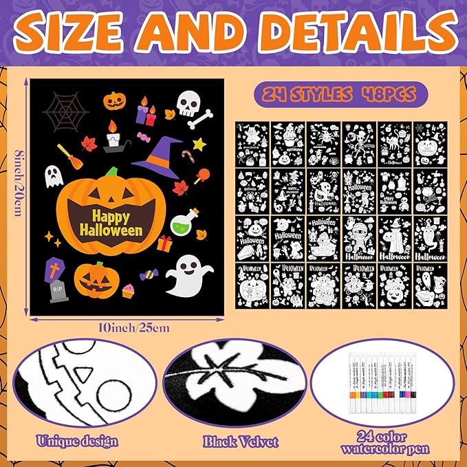 Zhanmai Pack of 48 Halloween Velvet Coloring Posters and Watercolor Pens Fuzzy Velvet Coloring Posters for Adults Teenagers Large Poster for Pumpkin Ghost Skeleton Arts Crafts Activity