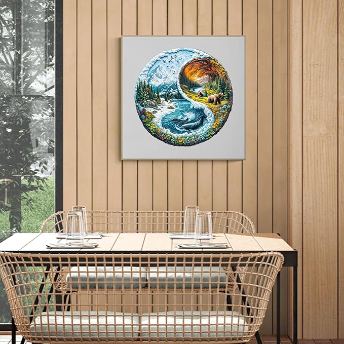 Wooden Puzzles for Adults - Yinyang Glacial Forest Wood Puzzles Adult - Unique Animal Shape Wooden Jigsaw Puzzles for Adults - Birthday Gifts for Puzzle Lovers, Family (8.5 * 8.5in)