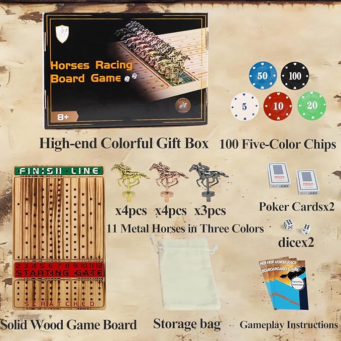 HOROW Horse Racing Board Game Solid Wood Horse Race Card and Dice Board Game Luxury Edition Set with 11 Metal Horses,100 Poker Chips,2 Dices and 2 Boxes of Cards