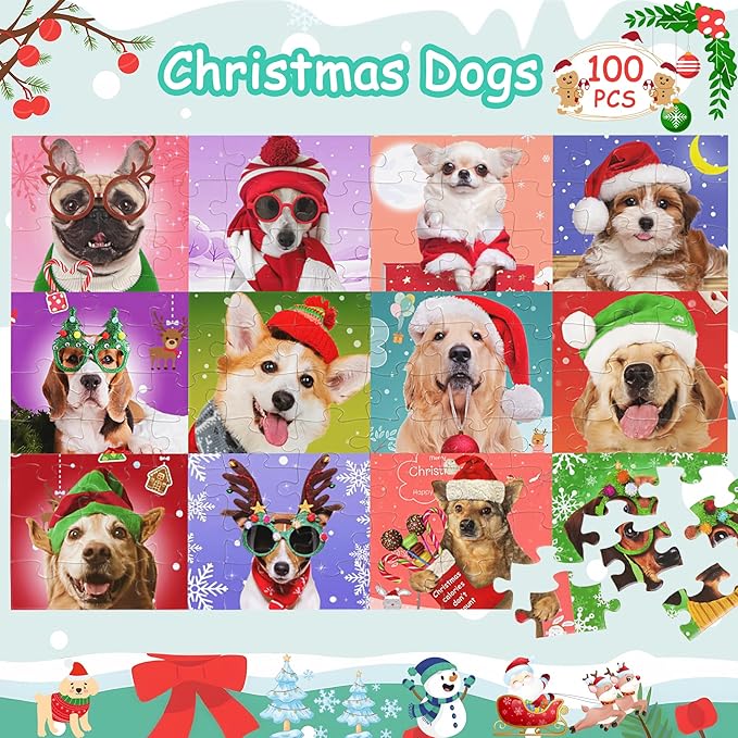 Puzzles for Kids Ages 4-6 6-8 8-10, Christmas Dogs 100 Piece Puzzles for Kids, Christmas Puzzle Jigsaw Puzzles for Adults Kids Puzzles 4-6 5-8, Xmas Gifts Christmas Stocking Stuffers for Boys Girls
