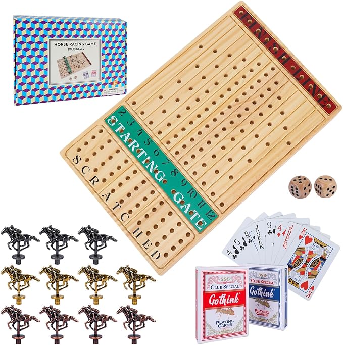 Horse Race Board Game – Thickened Wooden Chessboard with 11 Metal Horses, 2 Dice & 2 Card Decks, Family-Friendly Horse Racing Game for Kids, Adults, Friends & Strategy Game Nights