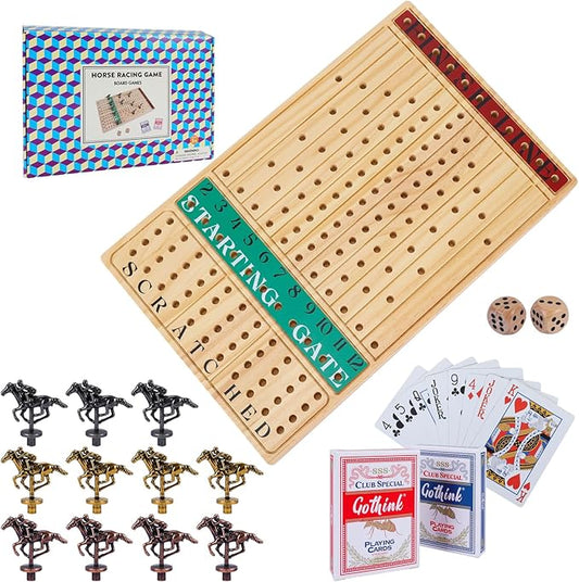 Horse Race Board Game – Thickened Wooden Chessboard with 11 Metal Horses, 2 Dice & 2 Card Decks, Family-Friendly Horse Racing Game for Kids, Adults, Friends & Strategy Game Nights