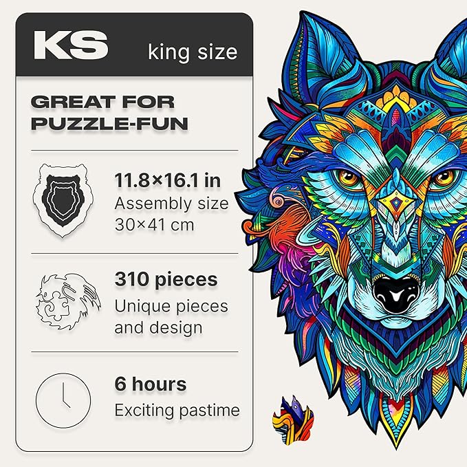 UNIDRAGON Wooden Puzzles for Adults Unique Jigsaw Puzzles - King Size Majestic Wolf Kingsize 11.8"x16.1" 310 PCS Deko with Cut 0.03 mm Wood Accuracy Animal
