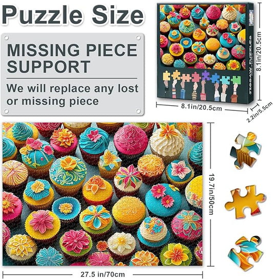 1000 Piece Puzzle for Adults - Cupcake Garden Fantasy Jigsaw Puzzles, Floral & Frosting Fusion Adult Puzzles 1000 Pieces, Whimsical Desserts Art - 27.5x19.7 Inches