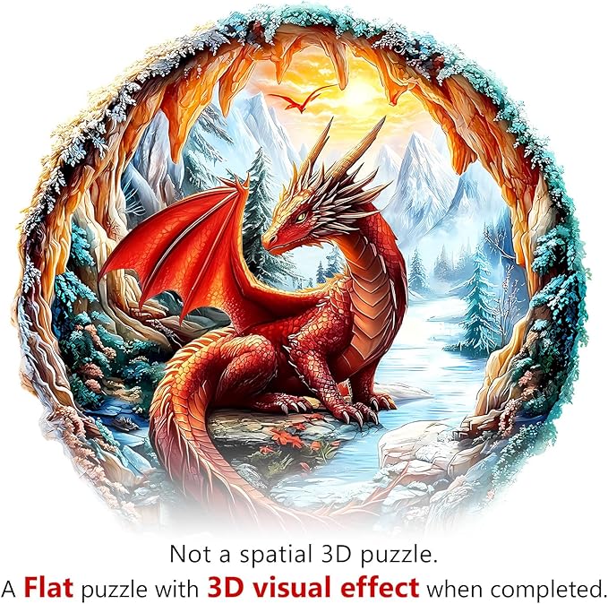 KAAYEE Wooden Puzzles for Adults, 3D Visual Effect Cave Dragon Wooden Jigsaw Puzzle Unique Shape Wood Puzzle Adult, 3D Effect Flat Puzzle Birthday Family Games (M-11.4 * 11.4 in-195pcs)