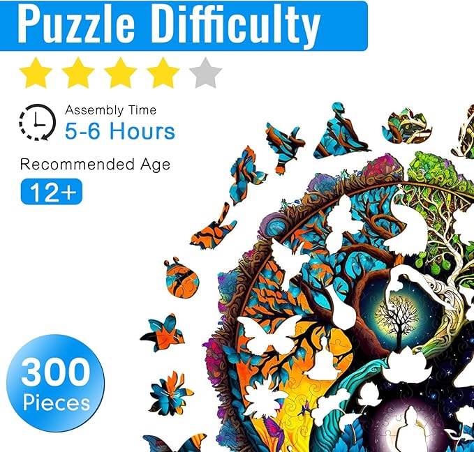 Wooden Puzzles for Adults, Tree of Life Wooden Jigsaw Puzzles for Adults, Wood Puzzles Adult, Unique Shape Wood Cut Puzzles, Birthday Gifts for Family Friend (L-13.3 * 13.3in-300 pcs)