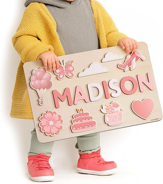 Personalize Busy Board, Name Puzzle,1 Year Old Girl and Boy Kid Gifts, Customized Baby Gift, Montessori Educational Name Toy, Wood Puzzle 1-3