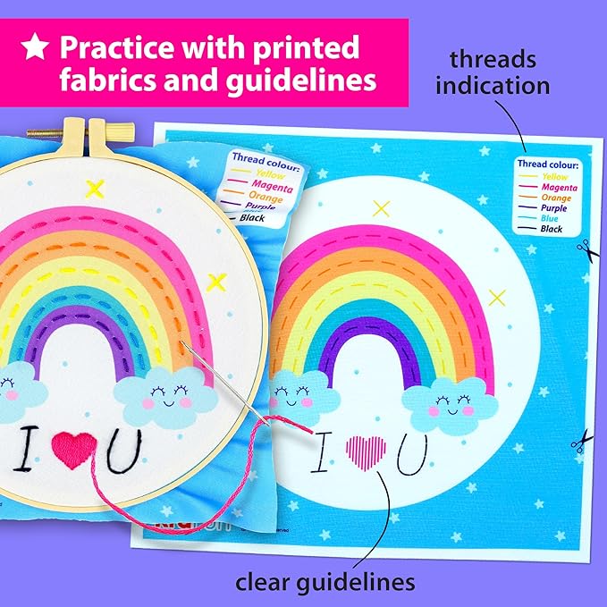 KRAFUN My First Embroidery Kit for Beginners Kids and Teenagers Simple Embroidery Patterns, Hand Embroidery Kit Includes Hoop, Cloth, Instructions for Stitches, Beginner Arts Craft Kit for Adults