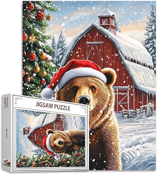 Merry Christmas 1000 Piece Jigsaw Puzzles for Adults Cute Bear Wear in Christmas Hat Painting Jigsaw Puzzle Wooden House1000 Pieces Puzzles Game Home Wall Decor DIY Craft Xmas Tree Puzzle Art Gift