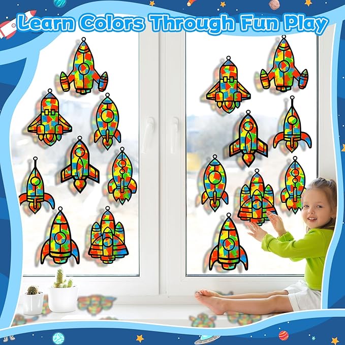 32 Sets Outer Space Rocket Suncatchers Craft Kit DIY Window Stained Glass Effect Space Theme Paper Crafts for Home School Classroom Decoration Kid Birthday Gifts Creative Art Projects Activity Game