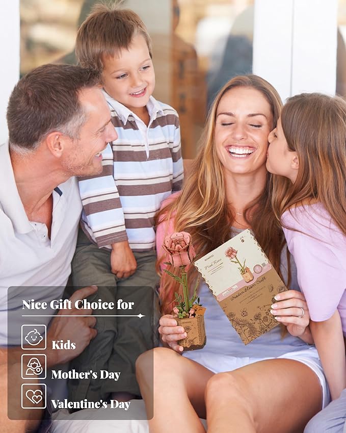 rowood Artifical Flower,Wood Flower Building Toy Set,Mother's Day/Valentine's Day/Teacher's Day/Thanksgiving Day/Christmas/Birthday Gift for Mom/Women/Grandma/Wife/Her-Pink Rose, TW041