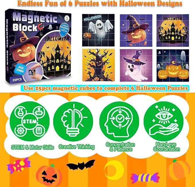 Magnetic Blocks Building Toy,Ritastar 25pcs Mine Stacking Magnet Build Cubes Cartoon Pattern World,STEM Sensory Construction Toys for Kids Gift,Educational Jigsaw Puzzle Set with 3D Halloween Designs
