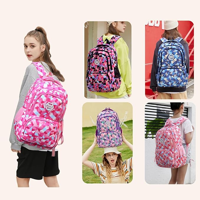 3Pcs Geometric Print Girls Backpack and Lunch Bag Set for Kids Elmentary Middle School Bags Bookbag
