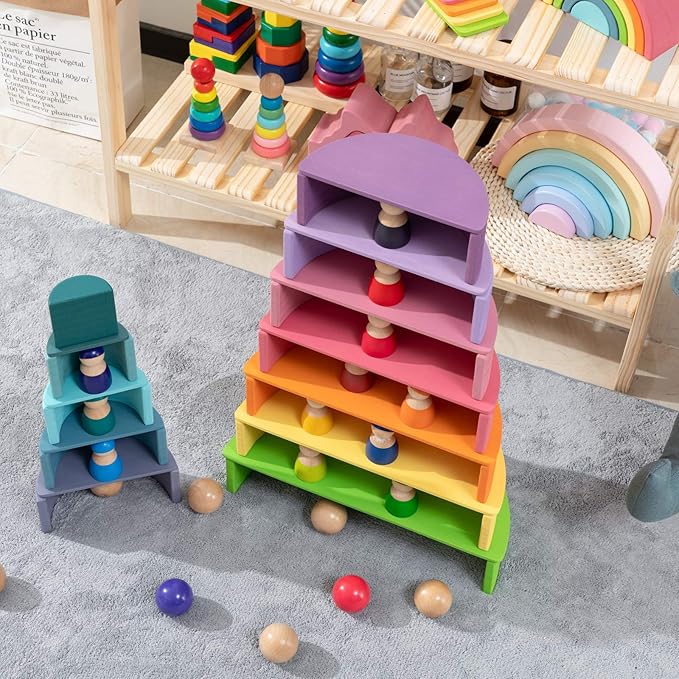 Wooden Rainbow Stacking Toy, 12 Piece Stacker, Extra Large Nesting Puzzle Building Blocks, Educational Toys for Kids Toddlers