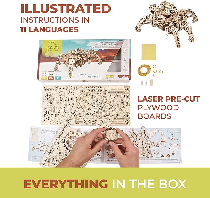 Ugears Hexapod Explorer 3D Puzzle - Walking Robot Wooden Model Kits for Adults to Build - Self-Propelled 6-Legged Mechanical Crawler Craft Kit - 3D Wooden Puzzles for Adults for Fathers Day - 388 Pcs