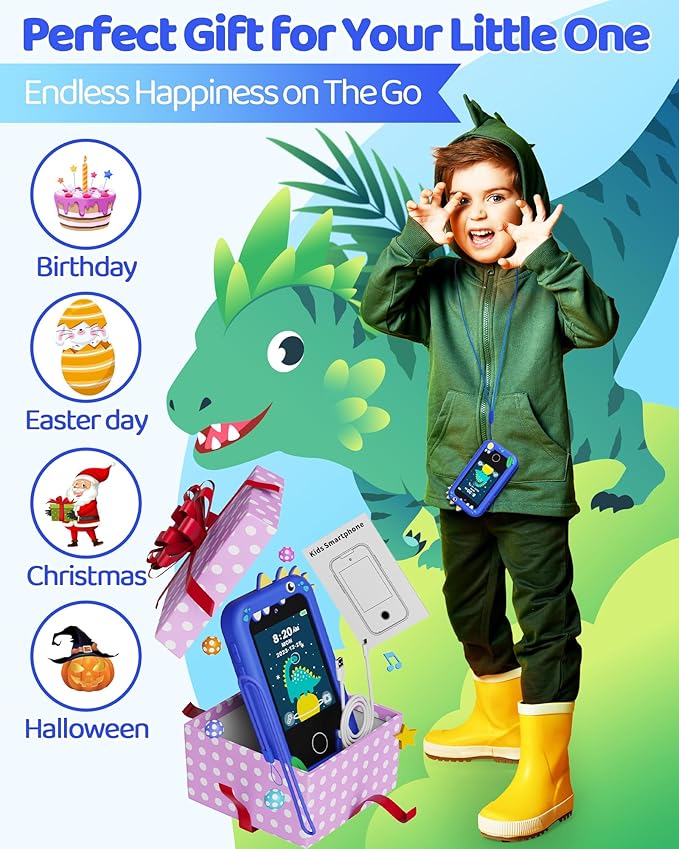 KOKODI Kids Smart Phone Toys, Touchscreen HD Dual Camera Cell Phone for Kids, Birthday Gifts Dinosaur Toddler Play Phone for Boys 3-10, Travel Learning Toy for Kids with 8GB SD Card(Navy Blue)