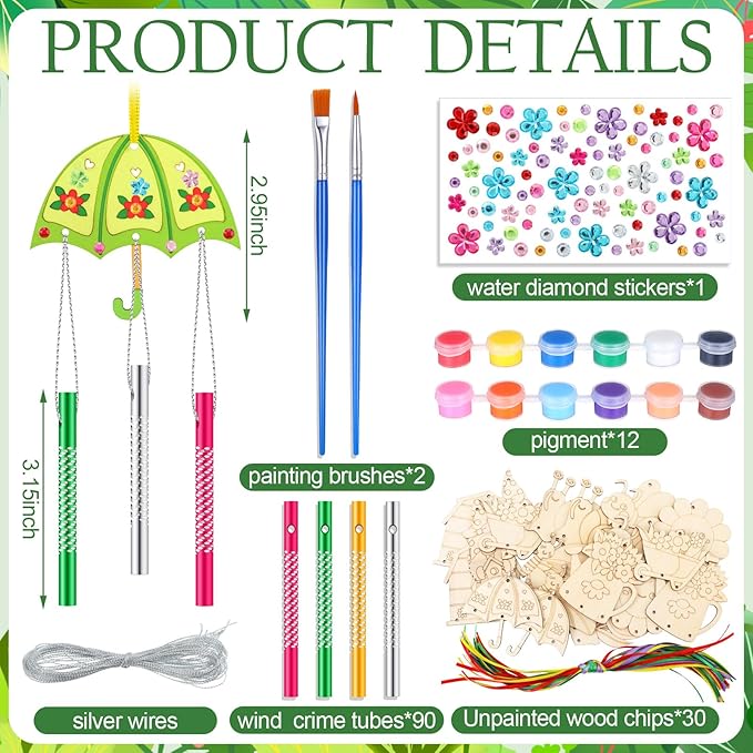 30 Pack Wind Chime Making Kit for Kids, Make Your Own Spring Tulip bee Wind Chime Wooden Ornaments for Girls and Boys DIY Crafts Activity Birthday Party Decoration