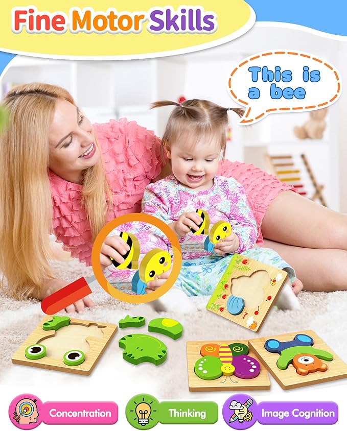 Bekayshad Wooden Puzzles Toddler Toys Gifts for 1 2 3 Year Old Boys Girls, Animal Jigsaw Puzzles Montessori Toys, Learning Educational Christmas Birthday Gifts for Girls Boys Ages 1-3