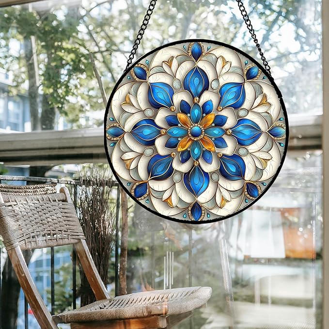 Stained Glass Window Hanging - Blue and White Abstract Flowers Suncatcher for Door Terrace Garden Home Decor, Gold Sun Catcher Birthday Gifts for Lovers Women Men Dad Mom Nana 15 in
