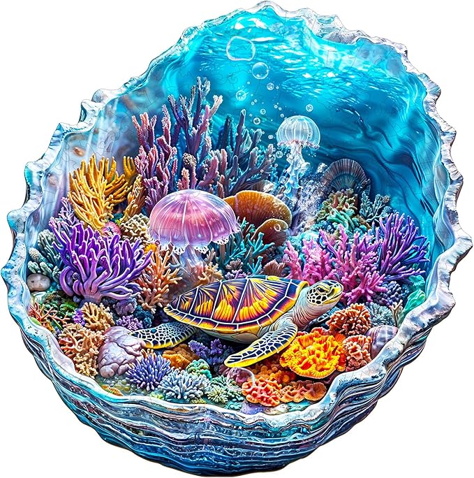 KAAYEE Wooden Puzzles for Adults, 3D Visual Effect Ocean's Embrace Turtle Wooden Jigsaw Puzzle Unique Shape Wood Puzzle Adult, 3D Effect Flat Puzzle Birthday Family Games (L-13.4 * 13.3in-265pcs)