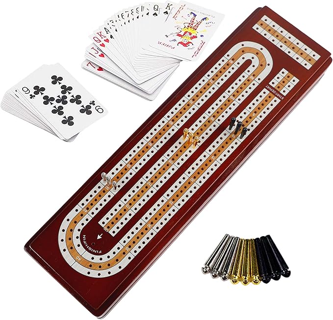 Juegoal Upgrade Wood Cribbage Board Game Set, Solid Wooden Continuous 3 Track Board with Larger Storage Area, 9 Metal Pegs and 2 Decks of Playing Cards, Travel Portable Cribbage Game Sets