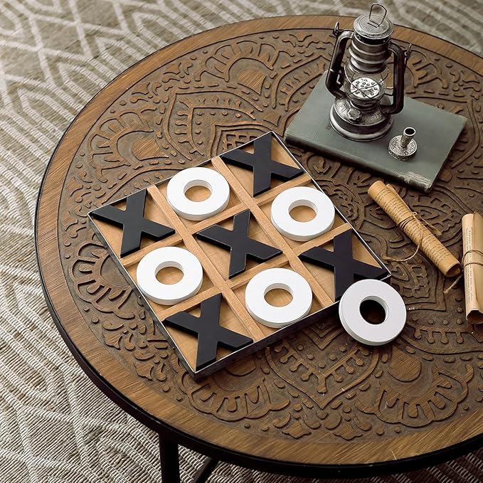 NIKKY HOME 12x12 Inch Large Tic Tac Toe Wood Board Game Classic Coffee Table Decor Decorative Wooden Travel Game for Family