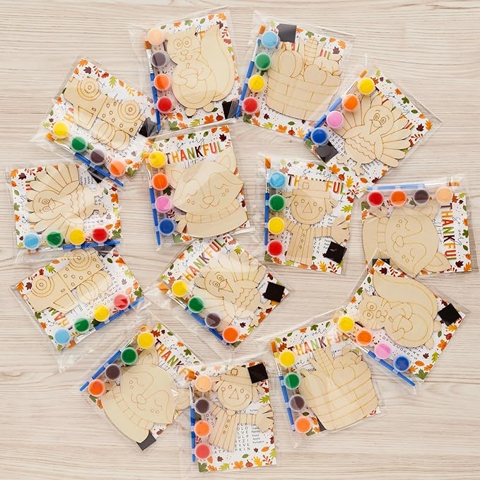Fall Thanksgiving Crafts for Kids - 24 PCS DIY Wood Magnet Painting Kit with Cards - Thanksgiving Classroom Activities, Autumn Holiday Decorations, Fall Goodie Bag Favors for Boys & Girls