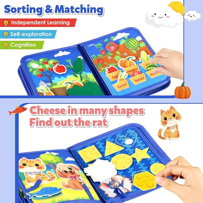 Montessori Busy Book for Toddlers 1-3, Busy Board Montessori Toys for 1 Year Old Boy Birthday Gifts, Educational Learning Sensory Activity Books, Quiet Book Travel Toys for Airplane Car