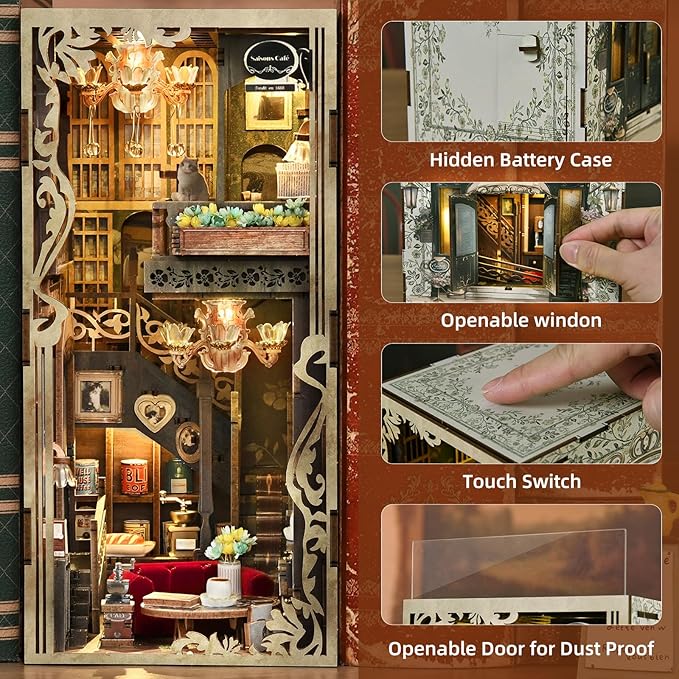 Book Nook Kit, DIY Miniature Dollhouse Kit 3D Puzzles for Adults Tiny House Mini Home Craft Bookshelf Nook Puzzle Book Decor Gifts for Teenagers Book Lovers (Saisons Café)