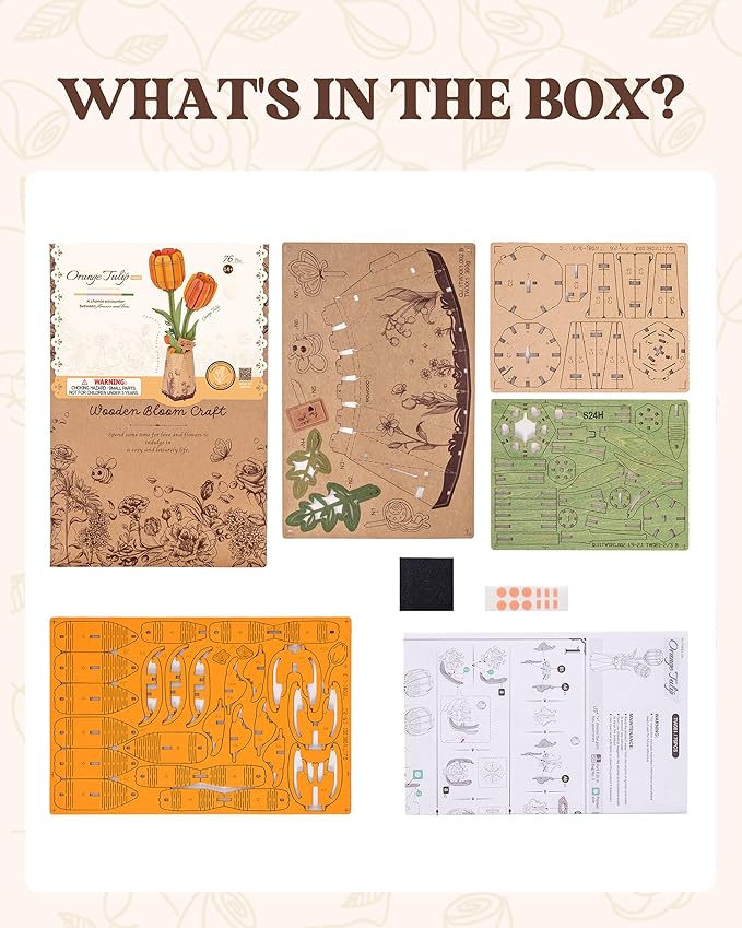 rowood Wooden Flower,DIY Artifical Flower Building Set Craft Kit for Adults,Mother's Day/Valentine's Day for Mom/Women/Grandma-Orange Tulip