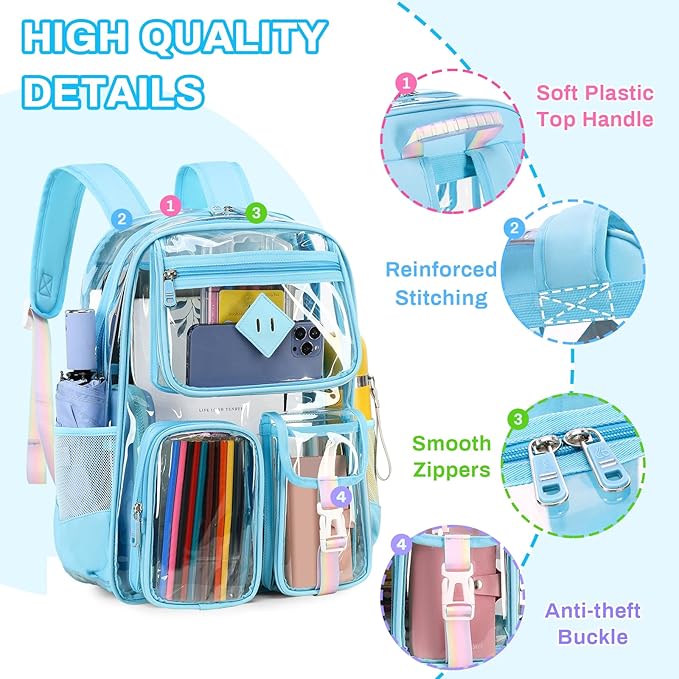 Clear Backpack for School,Heavy Duty PVC Transparent Bookbag for Girls Stadium Approved See Through Backpack