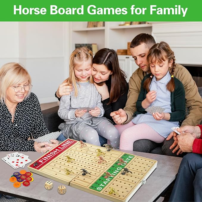 FUNNYB&G 21 inches Horse Race Board Game Foldable Large Horse Racing Game for Adults with 11 Metal Horses, Solid Wood 60 Pcs Poker Chips 2 Dice 1 Pack of Cards for Family Tabletop Parties(Log)