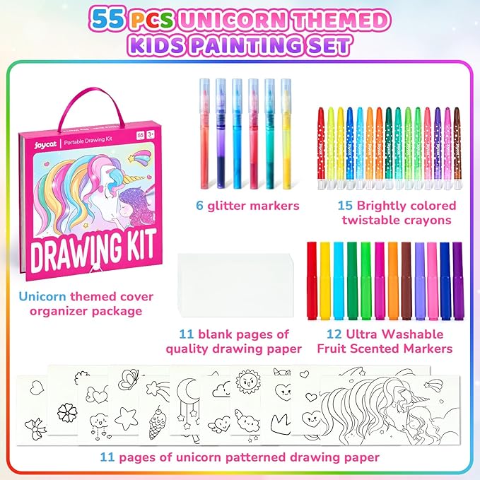 JoyCat Magical Unicorn Drawing kit for Kid,55 Pcs Stationery Kit with Washable Scented Marker&Twist Crayon,Glitter Marker,Ideal Gift for Girl Aged 4-10,Fun and Creative Art & Craft Supply