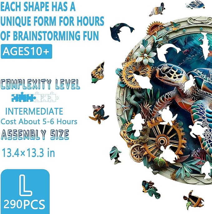 Wooden Puzzles for Adults, Embossed Sea Turtle Puzzle for Adults, Unique Shaped Wooden Jigsaw Puzzle, Wood Puzzles Adult, Fun Gifts for Friends & Family, Wall Art Canvas (L-13.4 * 13.3in -290 Pcs)