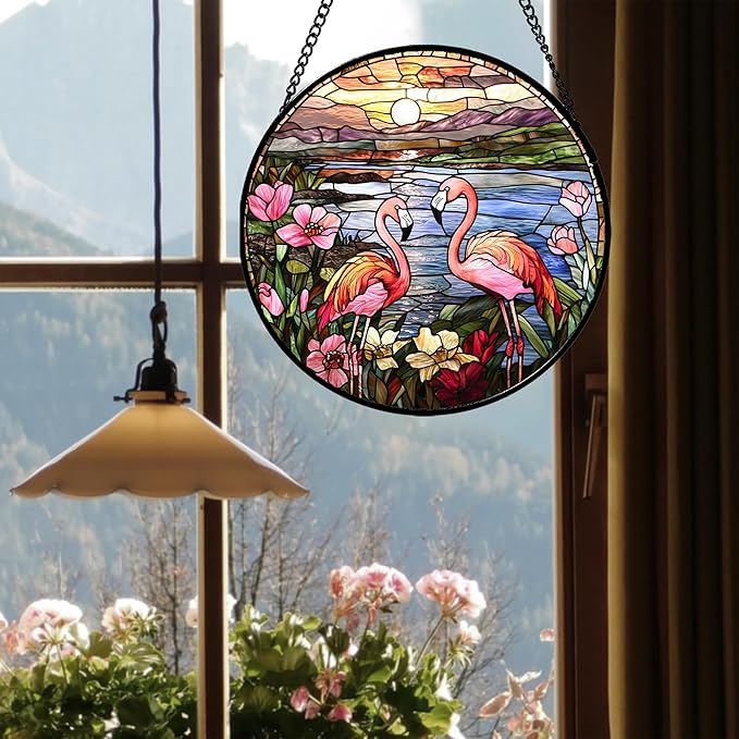 Stained Glass Window Hanging - Flamingo Wildflowers Landscape Suncatcher for Door Terrace Garden Home Decor Sunset Lake Sun Catcher Birthday Gifts for Lovers Women Men Dad Mom Nana 6.3 in
