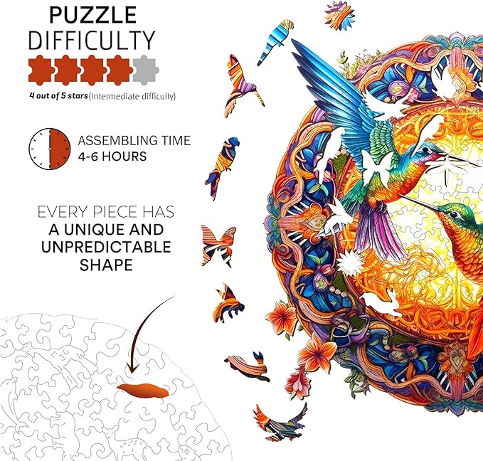 Jigfoxy Wooden Puzzles for Adults, Hummingbird Wooden Jigsaw Puzzles, Unique Animal Shape Puzzles, Christmas Thanksgiving Gifts for Family Friend(M-11.8 * 11.8in-200psc)