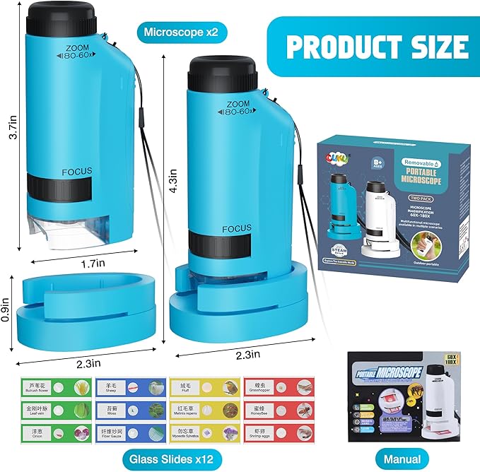 Portable Microscope for Kids Zoom 60x-180x,Handheld Mini Microscope Toy,STEM&Science Toys,LED Pocket,Little Scientist Microscopes with 12pcs Slides,Gift for 6,7,8,9,10+ Girls Boys（2PCS Blue）