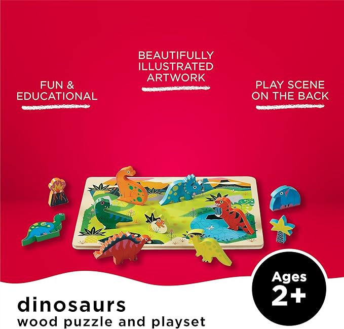 Crocodile Creek Wood Puzzle and Playset, 16 Chunky Wooden Pieces Stand-Up with Play Scene on The Back, for Ages 2+, Dinosaurs