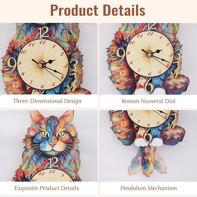 3D Puzzle for Adults - Wooden Cat Clock for Room Decoration, DIY Build Mechanical Wall Clock with Roman Numerals, Personalized Gift for DIY Lovers
