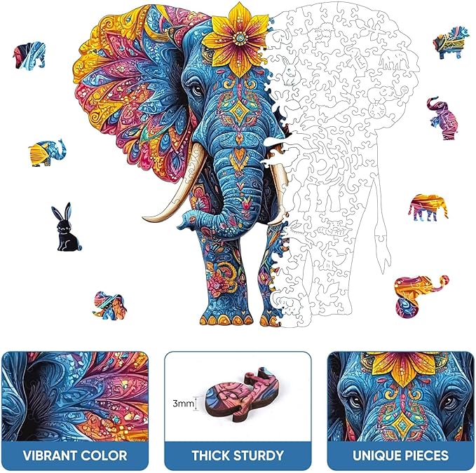 Wooden Jigsaw Puzzle, 500 Pcs Unique 3D Shape Jigsaw Puzzles, Wood Puzzle Gift Box Packing, Medium Size Letter, Creative Gift for Adults and Kids, Fun Challenging (EA2Elephant, 500PCS)