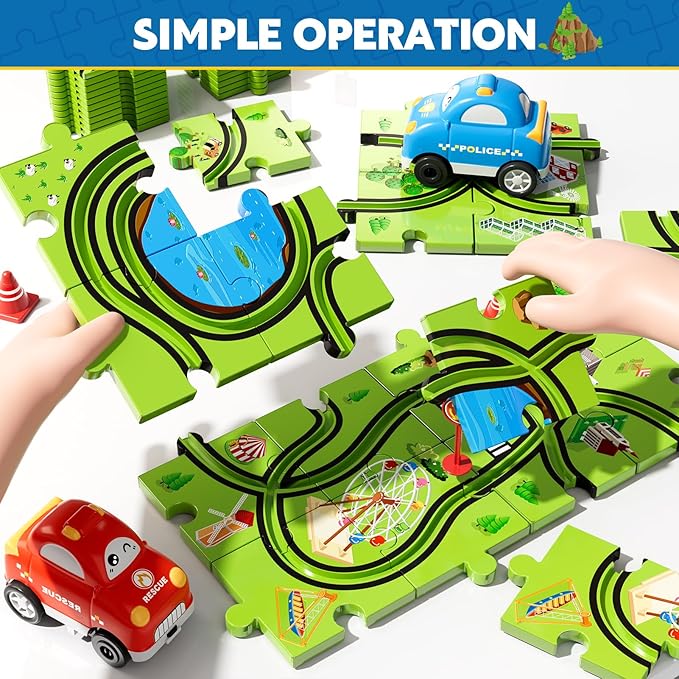 48PCS Puzzle Race Track Car Set for Toddlers Kids Boys, Toddler Toys Gifts for 3 4 5 Year Old Boys and Girls, Floor Puzzle Tracks Car Toys for Ages 3-5 4-6