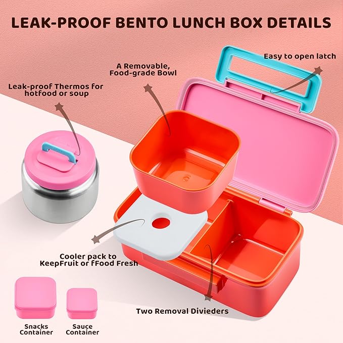 Lunch Box for Kids With 8oz Soup Thermo, Leak-proof Lunch Container with 2 Compartments, Thermo Food Jar Food Containers for Back to School Girls Boys (Pink)