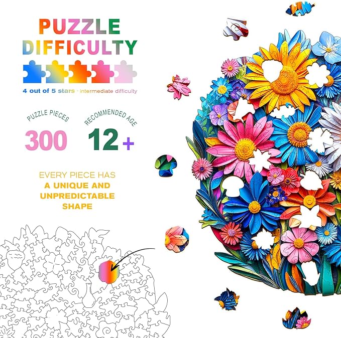 Wooden Puzzles for Adults - Paper Flower Wooden Jigsaw Puzzle - Unique Animal Shaped Wood Puzzles Adult - Christmas Birthday Gifts for Adults/Friends/Family - 300pcs 13.4 * 13.3in